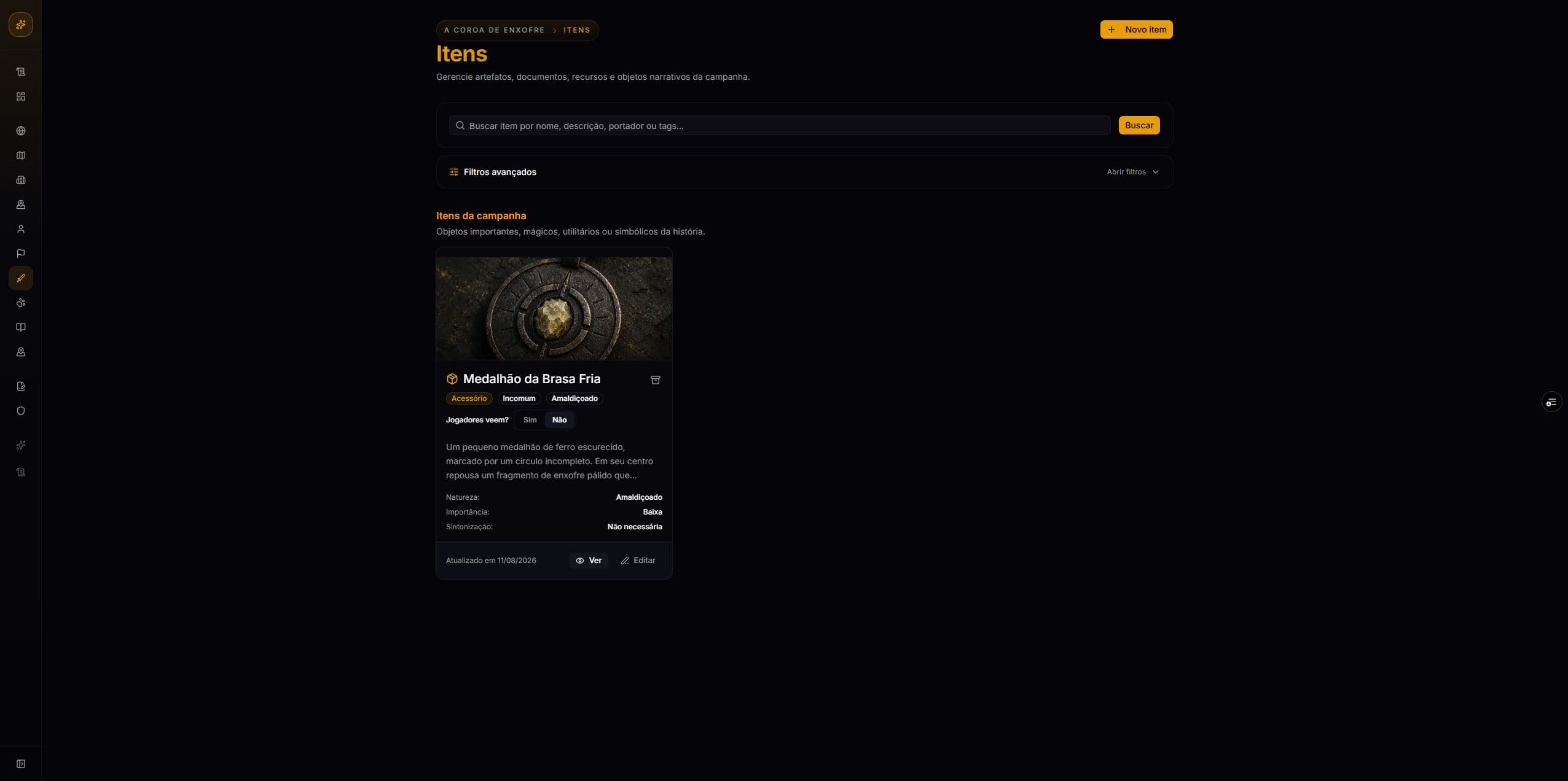 Tela real da listagem de itens mostrando um card com imagem, tipo, raridade, natureza e propriedades