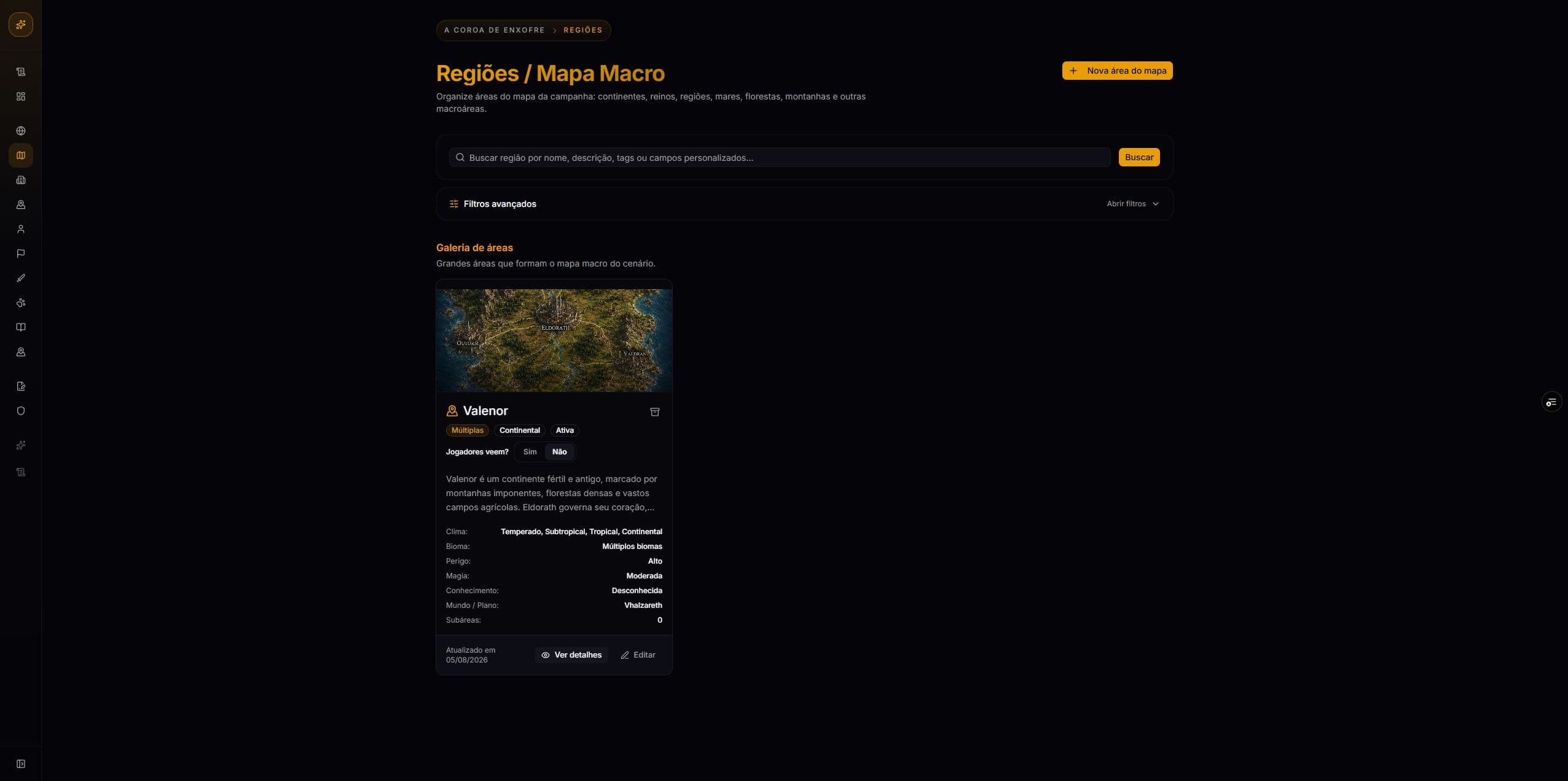 Tela real do módulo de Regiões do Codex Vivo com um card que exibe mapa, clima, biomas, perigo, magia e mundo vinculado